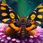 Colorful Butterfly on Pink Flower with Flying Insect