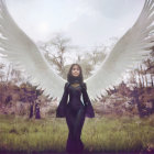 Ethereal figure with wings in a moonlit forest
