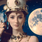 Elegant figure with elaborate hat and moonlit backdrop