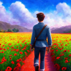 Person standing on dirt path in vibrant flower field under blue sky