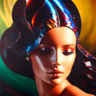 Digitally rendered female figure with futuristic headgear on colorful background