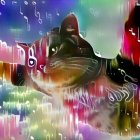 Colorful cat with extended paw on rainbow background with musical notes