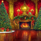 Festive Christmas room with decorated trees, stockings, and gifts