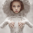 Child in textured white sheep-like outfit with striking blue eyes