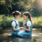 Two girls in blue dresses sitting in a stream among greenery under sunlight.