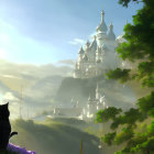 Majestic castle in misty mountains with cat silhouette