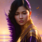 Dark-haired woman in purple feather adornment and robe, golden earrings, gazing at sunset with butterflies