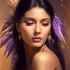 Woman with Dark Hair and Purple Feathers in Elegant Attire