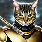 Cat in Golden Armor Against Cosmic Backdrop