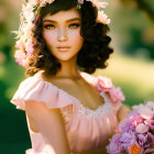 Woman in floral crown and pink dress with bouquet in greenery