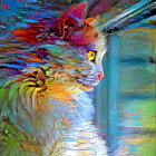 Vivid impressionist-style cat painting in blue, pink, and orange brushstrokes