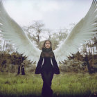 Ethereal Woman with Wings in Lush Autumn Field