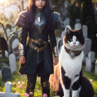 Warrior in Armor with Feline Companion at Twilight Graveyard