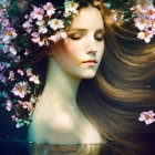 Woman with Long Flowing Hair and Spring Flowers Submerged in Water