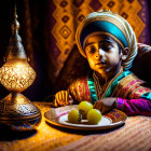 Child in traditional attire mesmerized by Moroccan lamp and fruit plate