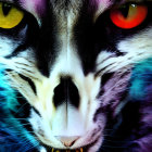 Colorful Close-Up Digital Artwork: Cat's Face with Multicolored Eyes and Fangs