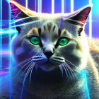 Digital Artwork: Glowing Green-Eyed Cat on Neon Background