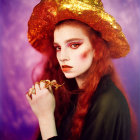 Red-haired woman in gold hat and dark coat against purple backdrop