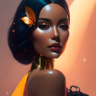 Futuristic female figure with black headgear, butterfly accessory, golden neck piece, and gloves on