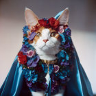 Regal Cat with Floral Crown and Elegant Drapery