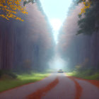 Forest road scene: car driving among tall trees with sunlight and scattered leaves.