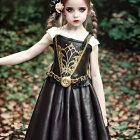 Young girl in black dress among fallen leaves in forest