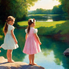 Three young girls in dresses by river with sunlight through trees