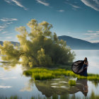 Serene landscape with misty water and lush greenery