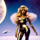 Futuristic golden ensemble with voluminous hair and celestial backdrop.