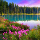 Tranquil Lake Surrounded by Vibrant Wildflowers