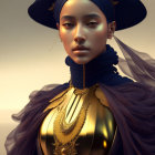 Portrait of woman in navy headscarf with golden chest piece and purple garment