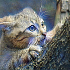 Orange Tabby Cat with Blue Eyes Peeking in Blue Forest