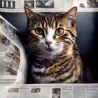 Playful tabby cat with green eyes among newspapers