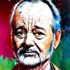 Vibrant paint splatters on portrait of older male with beard