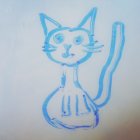 Minimalist Watercolor Illustration of Black and White Cat with Blue Swirls