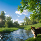 Curious Cat by Serene Riverbank in Lush Greenery