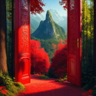 Ornate Red Doors Open to Lush Mountain Landscape