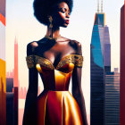 Woman in vibrant off-shoulder gown with city skyline