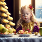 Young girl in red and gold dress near Christmas tree with snowflakes.