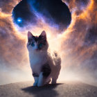 Majestic Cat in a Cosmic Scene with Galaxies and Nebulae