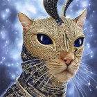 Regal Feline in Ornate Armor Under Starlit Sky