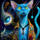 Blue Cat in Yellow Jacket Against Cosmic Background