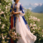 Woman in Elegant Gown Amidst Lush Outdoor Flowers