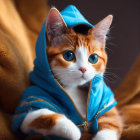 Orange and white cat in blue hoodie with zipper