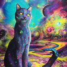 Cat with galaxy pattern on fur against vibrant space background