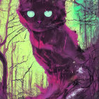 Surreal Black Cat with Glowing Green Eyes in Forest