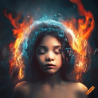 Serene woman in fiery flames with blue smoke mane