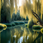 Tranquil River with Lush Willows in Serene Landscape