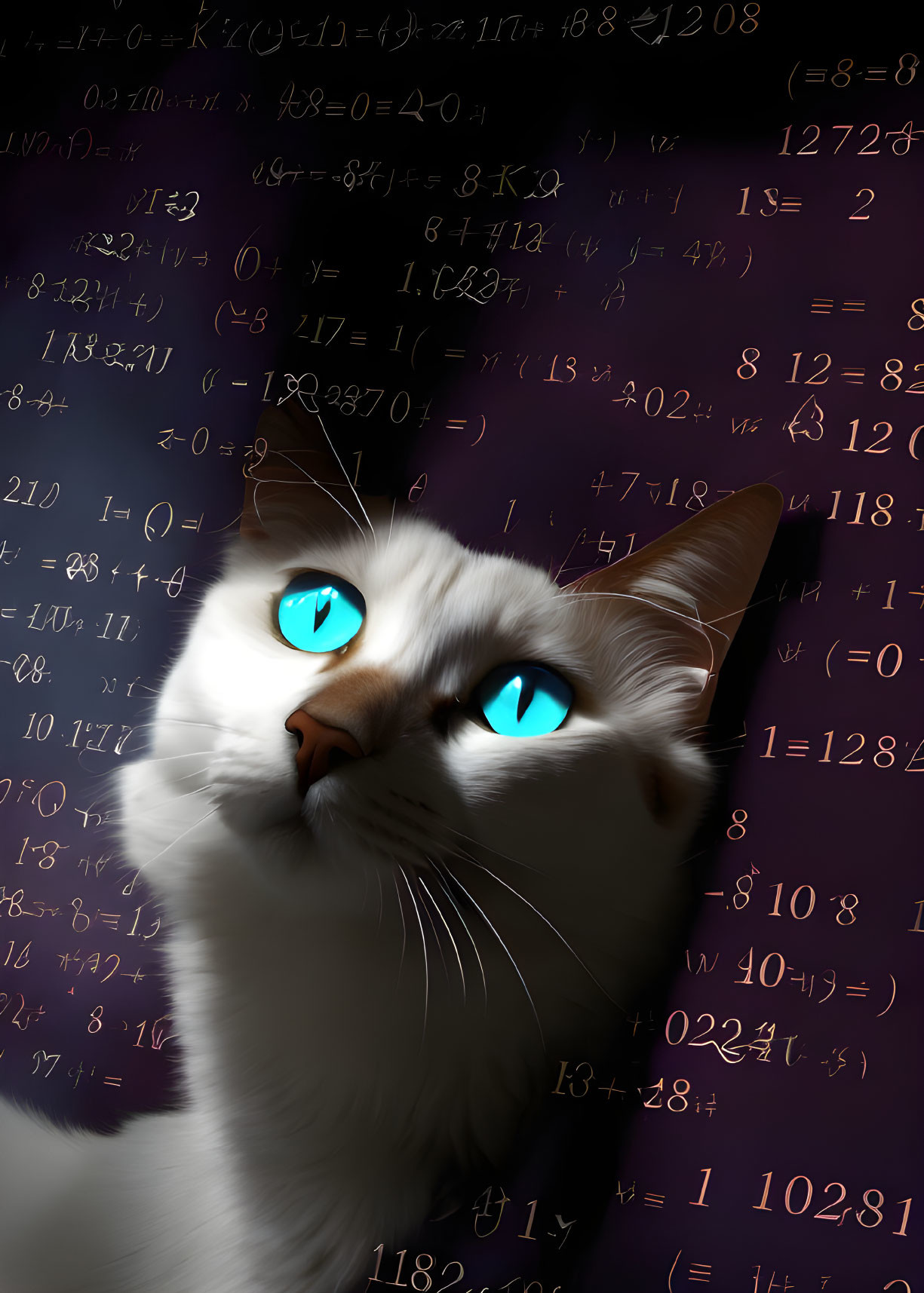 White Cat with Turquoise Eyes Amidst Math Symbols