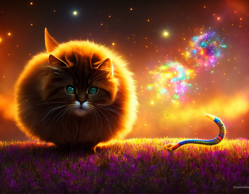 Cosmic Landscape with Orange Cat and Colorful Worm